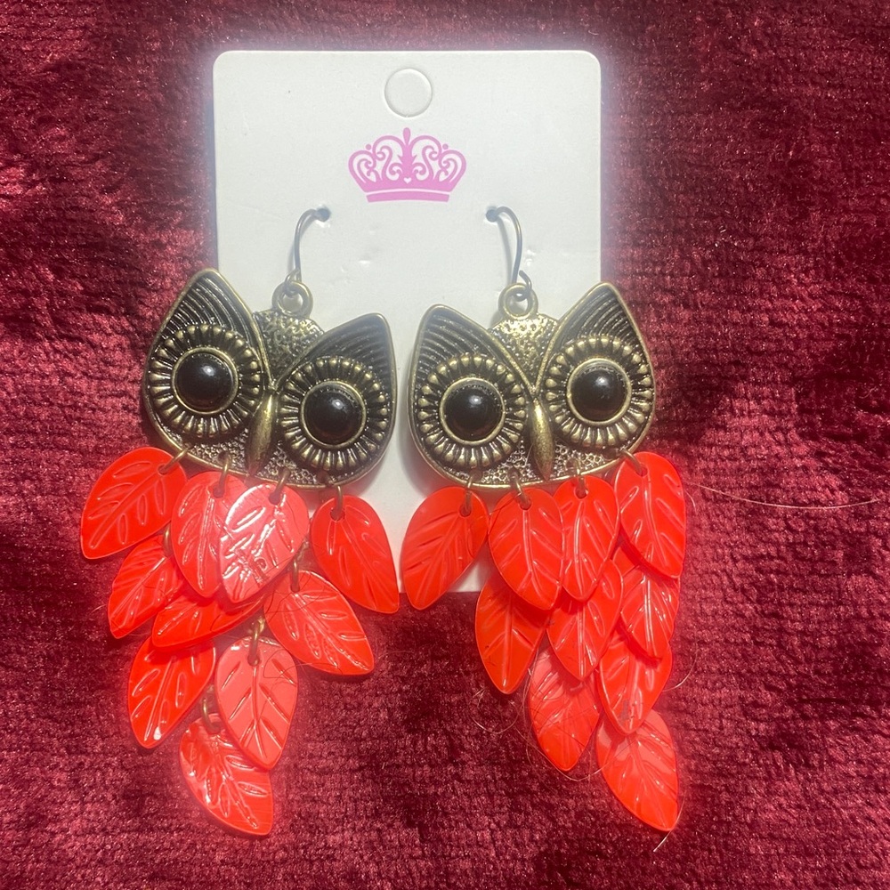 Owl Design Earrings with Red Leaf Accents